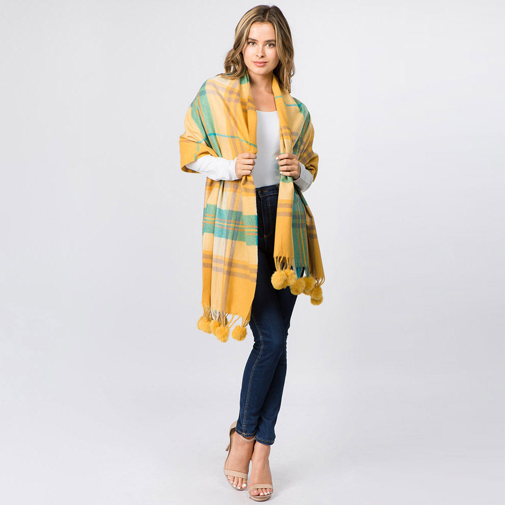 チェックストール　ポンポン付き　大判