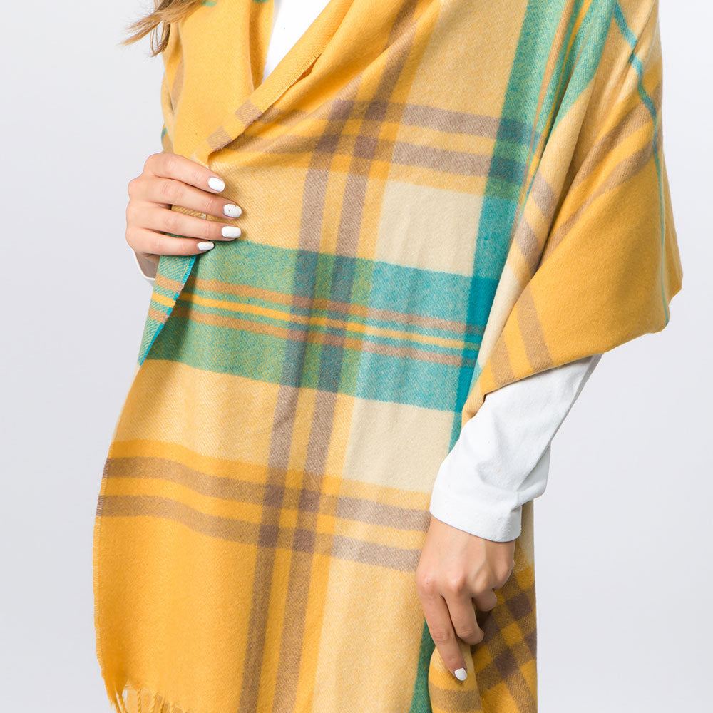 チェックストール　ポンポン付き　大判