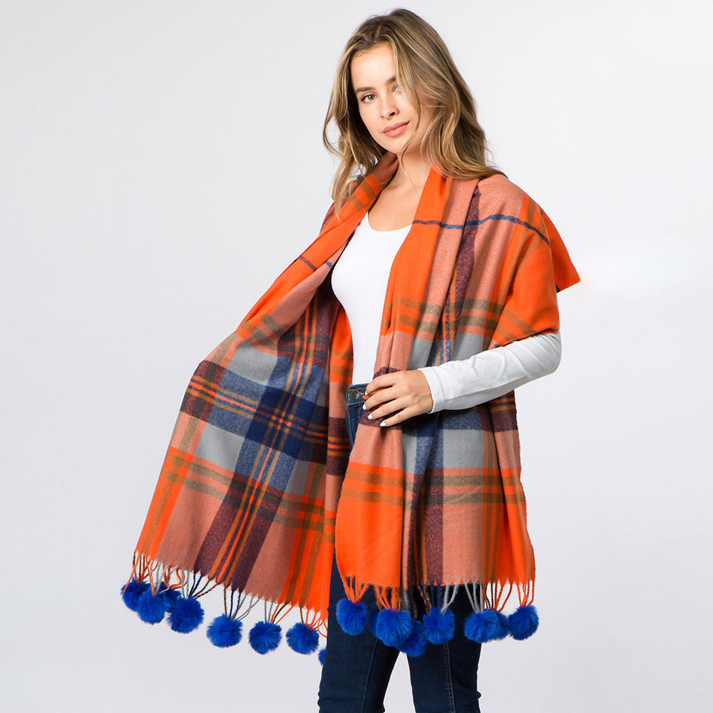 チェックストール　ポンポン付き　大判