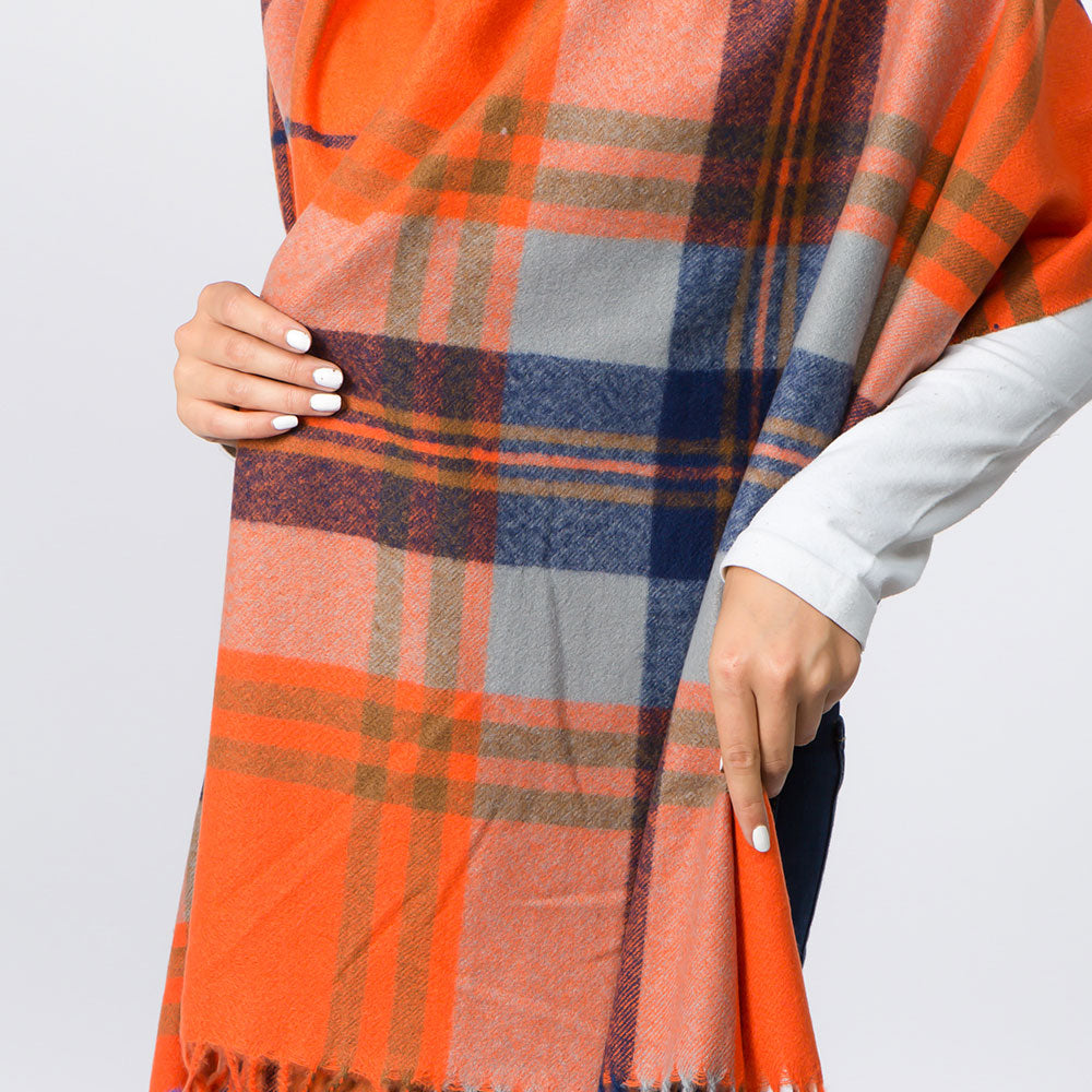 チェックストール　ポンポン付き　大判