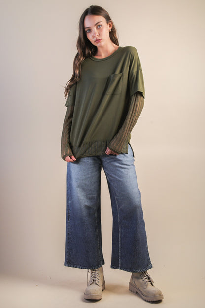 レース切替 長袖カットソー