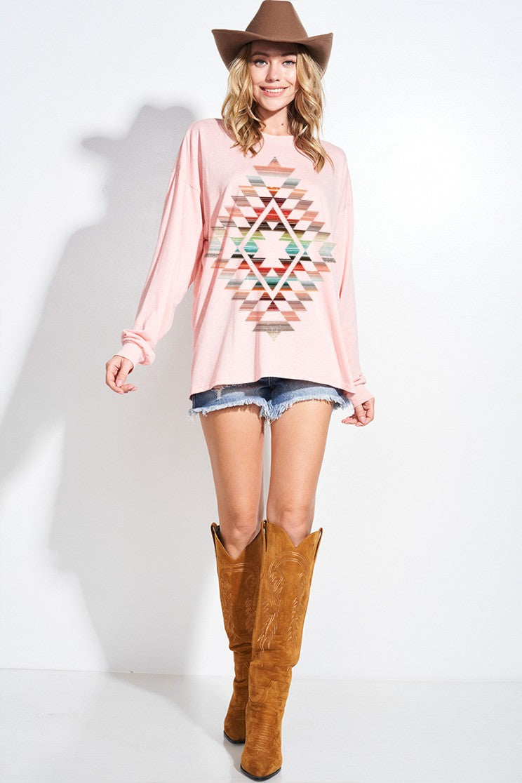 オルテガ柄 オーバーサイズ ロングスリーブトップス