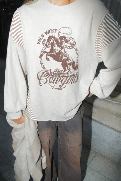 カウガールプリント ボーダー切替長袖Tシャツ