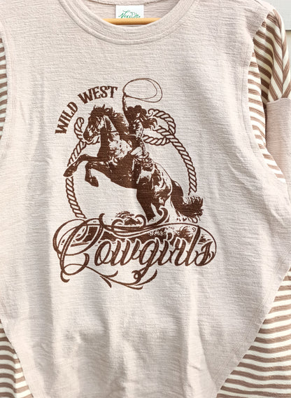 カウガールプリント ボーダー切替長袖Tシャツ